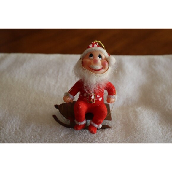 Unbranded Other - Vtg Christmas Chubby Cheeks Flocked Santa Claus Figure Ornament Plastic Sled 4"